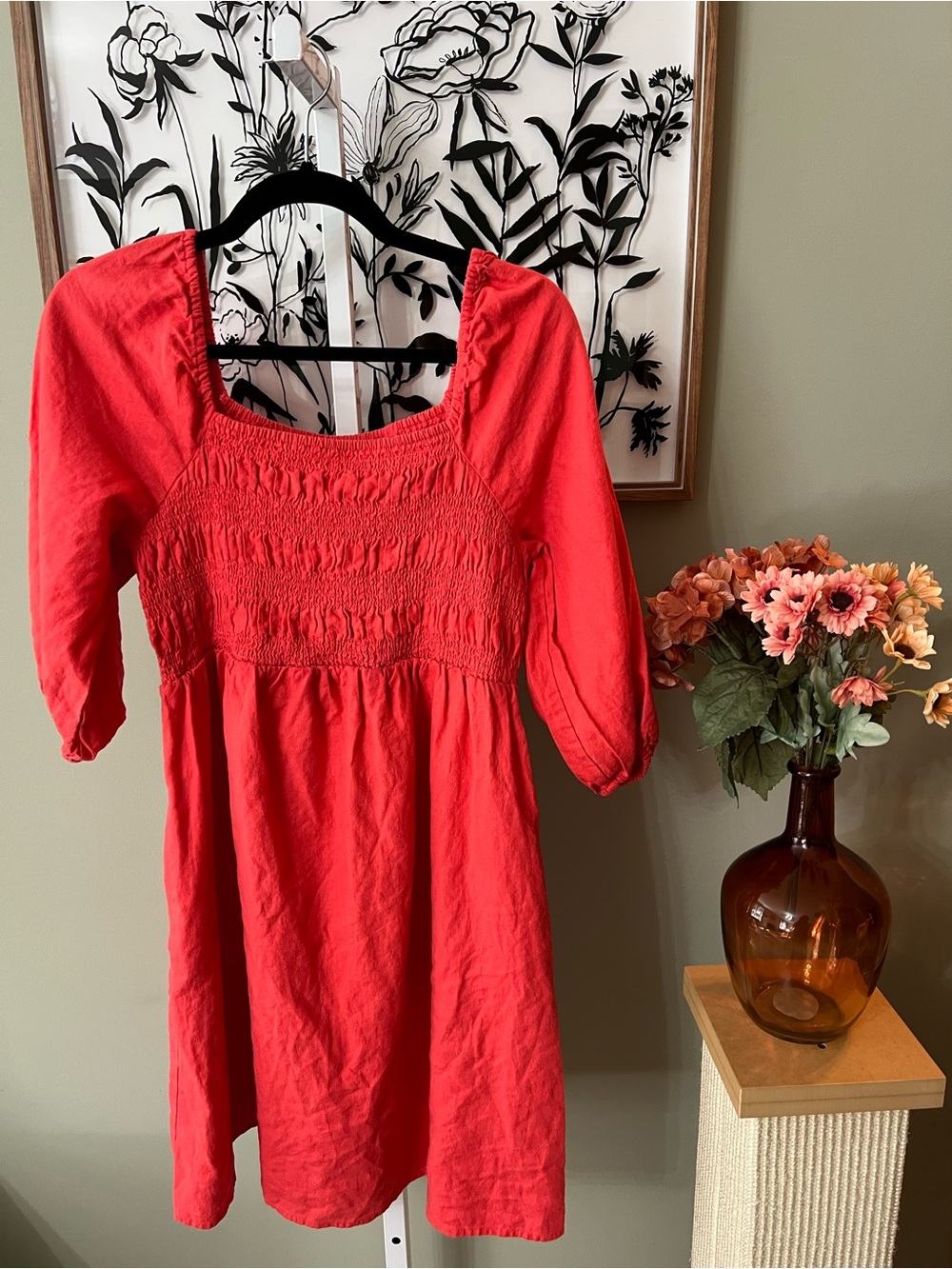 Isabel By Ingrid Isabel Coral Linen Blend Smocked Square Neckline Dress Size S